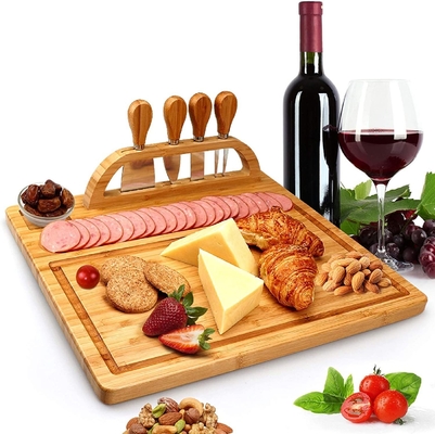 Set di taglieri per formaggi in bambù con cassetto per posate, piatto rettangolare in bambù e set di coltelli per formaggio