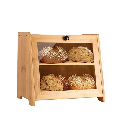 GLOSSY 2 Tier Large Transparent Window Food Storage Bamboo Bread Box Capacità 6-10L