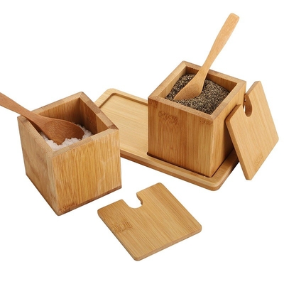 Scatola di deposito naturale in bambù quadrato, sale, spezie, erbe secche con cucchiaio a coperchio 17x7.1x8.2cm