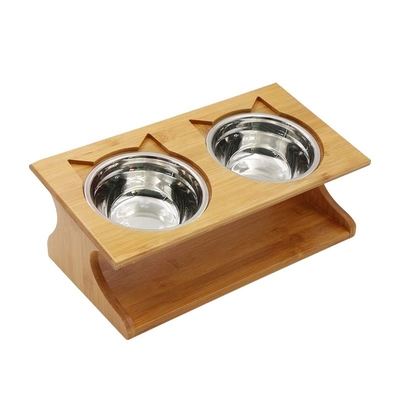 35x17.5x13cm Bambù Dog Cat Food Stand Feeder con 2 ciotole in acciaio inossidabile