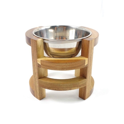 Prodotto in stile moderno elevato Bambù mangia-alimenti per animali in legno con ciotole in acciaio inox