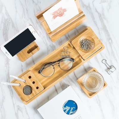 Organizzatore di scrivania in bambù sostenibile con stiletto per smartphone e porta clip per carta