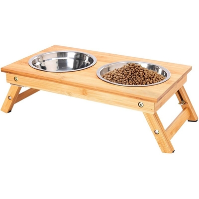 Single Tier sostenibile Bambù pieghevole pet feeder non scivolo due ciotole per sostenibile
