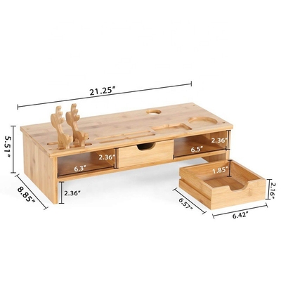 Monitore per computer in bambù a livello singolo 54x22.5x14cm con supporto per desktop e 2 cassetti