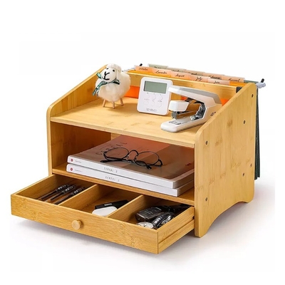 Organizzatore da scrivania in bambù a scaffale non pieghevole con cassetto e armadietto di stoccaggio